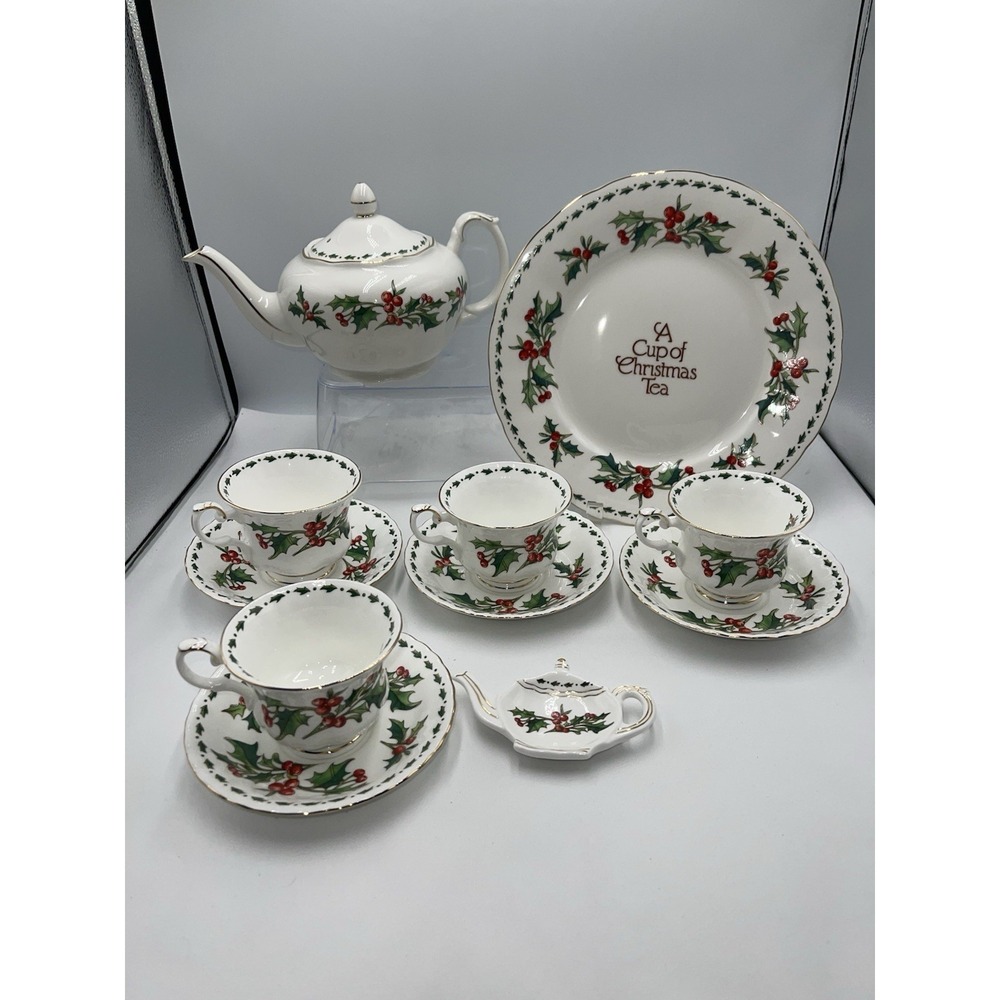 Waldman House A cup of Christmas Tea Lot  1-Tea Pot A 10.5" Plate 4 Cups Tea Bag